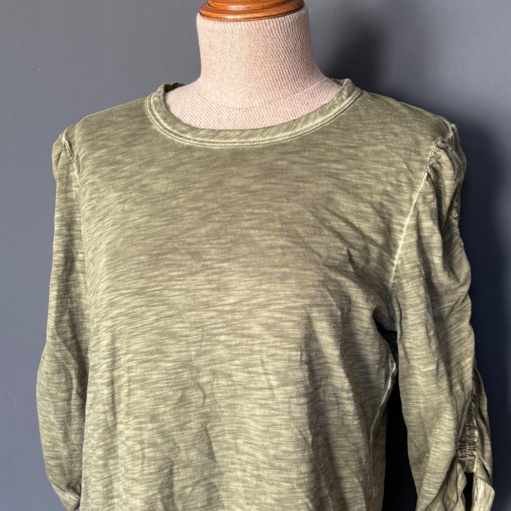 Veronica Beard Olive Green Pima Cotton Ruched 3/4 Sleeve Slub Top | Sz M |